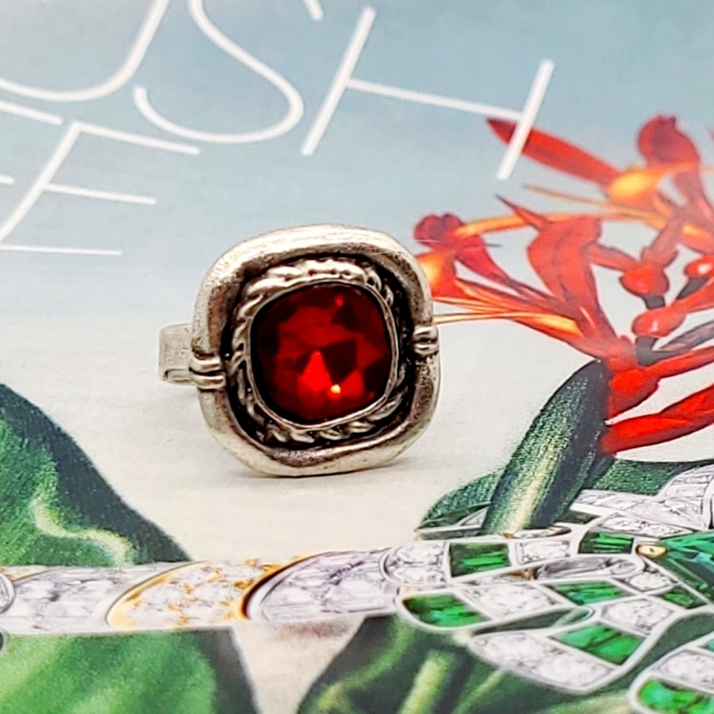 New Handcrafted Red Crystal Fine Silver Bezel Set Ring